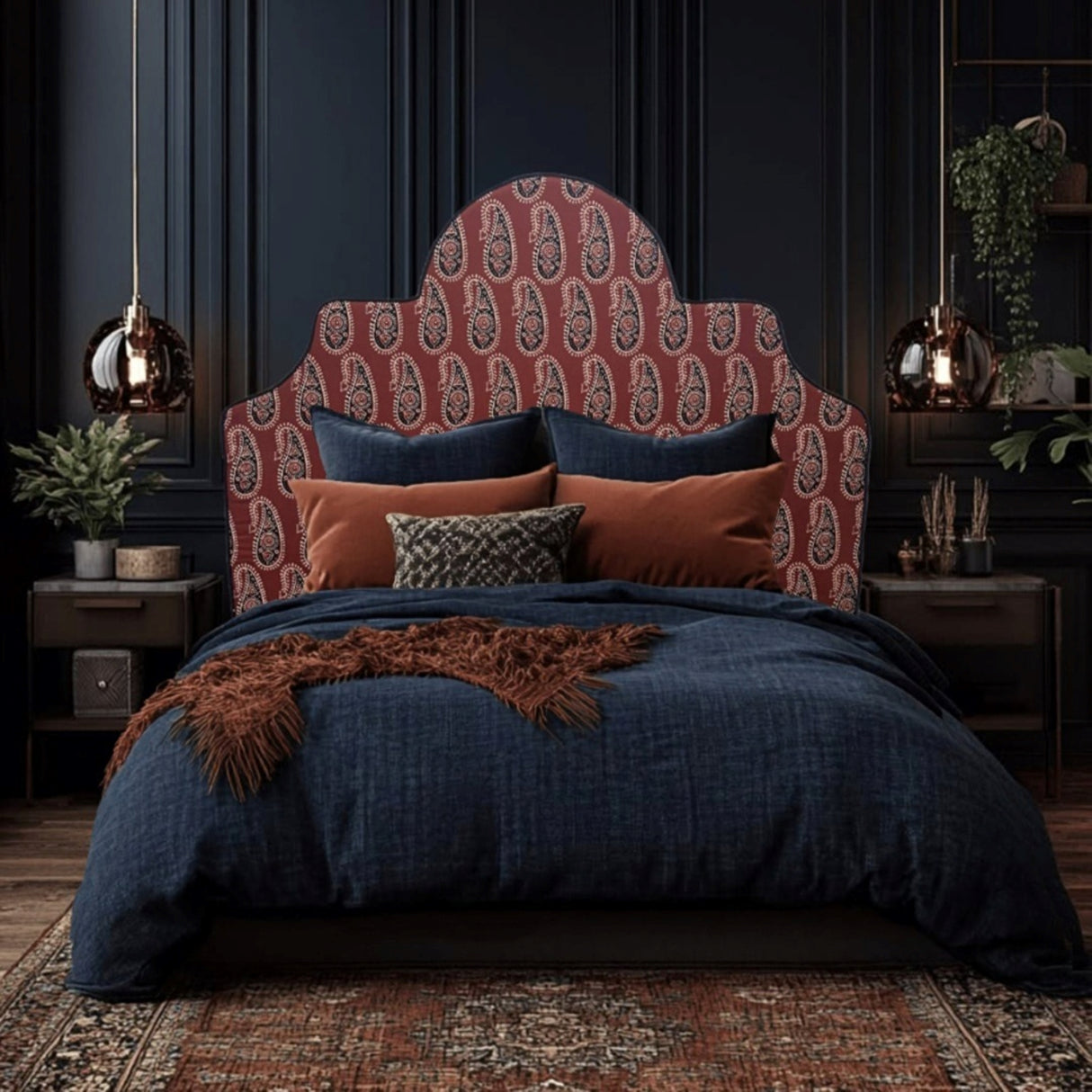 Braxely Red Headboard – Terracotta Polyester Upholstered Headboard with Navy Paisley Pattern and Navy Piping