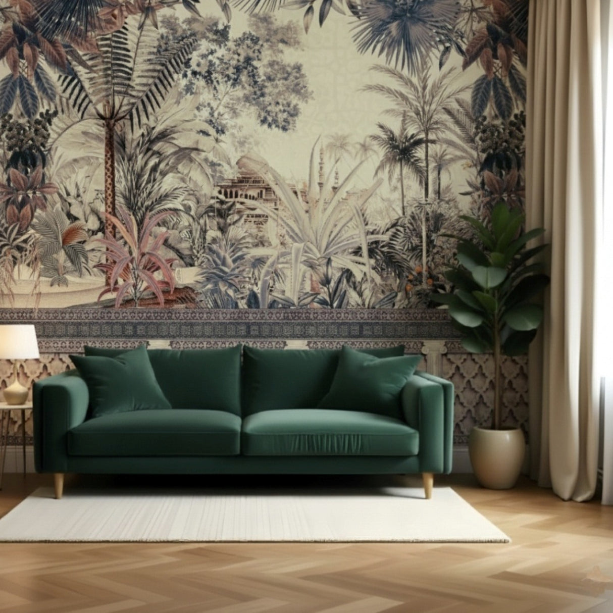 Exotic Jungle & Elephants Wallpaper – Botanical Heritage Mural for Elegant Interiors – Beige Effect