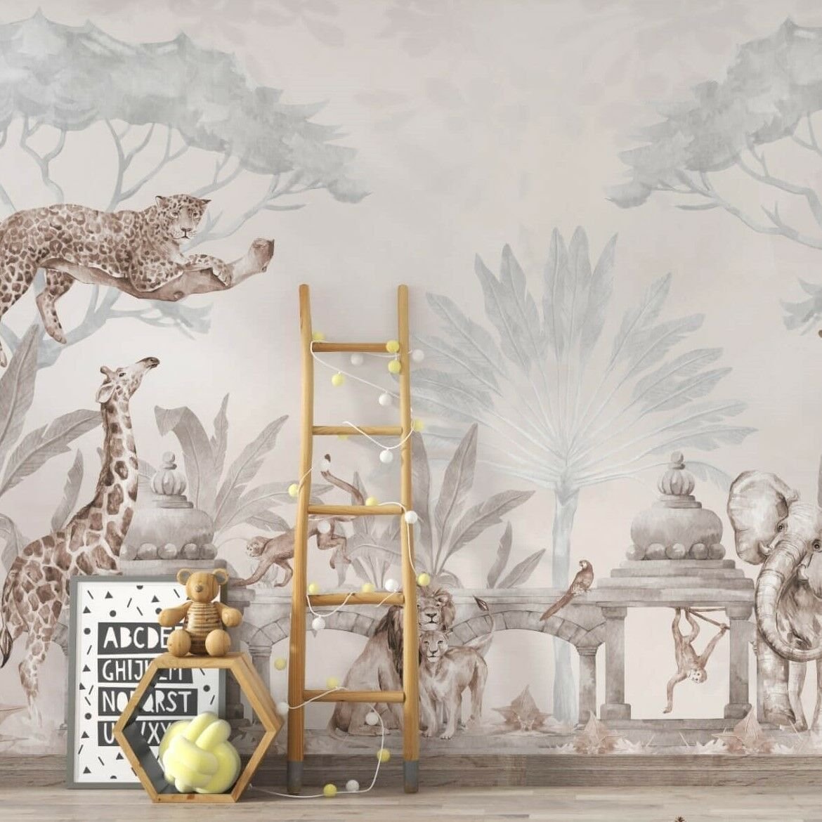 Papel pintado de animales exóticos en tonos sepia: decoración rústica de estilo safari