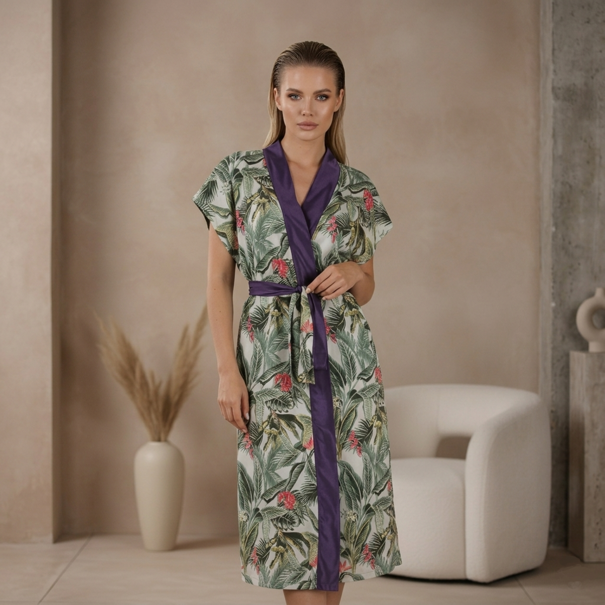Kimono Azelle: Kimono reversible de seda y algodón ikat tejido a mano con detalles en violeta intenso y reverso tropical para un lujo bohemio moderno.
