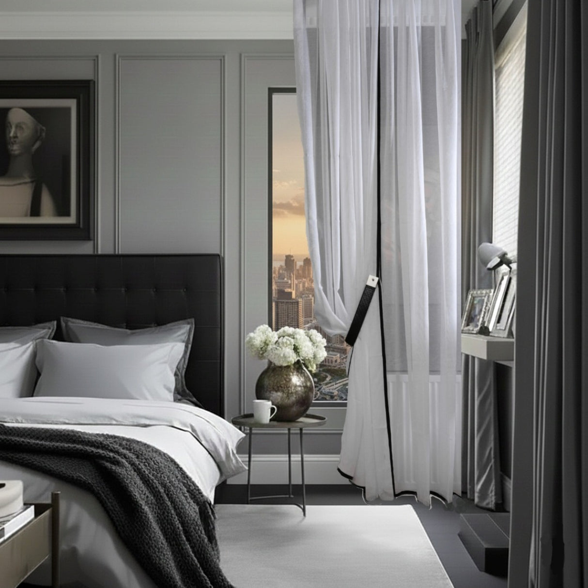 Sarum – Cortina blanca transparente con ribete negro refinado – Para interiores minimalistas y sofisticados