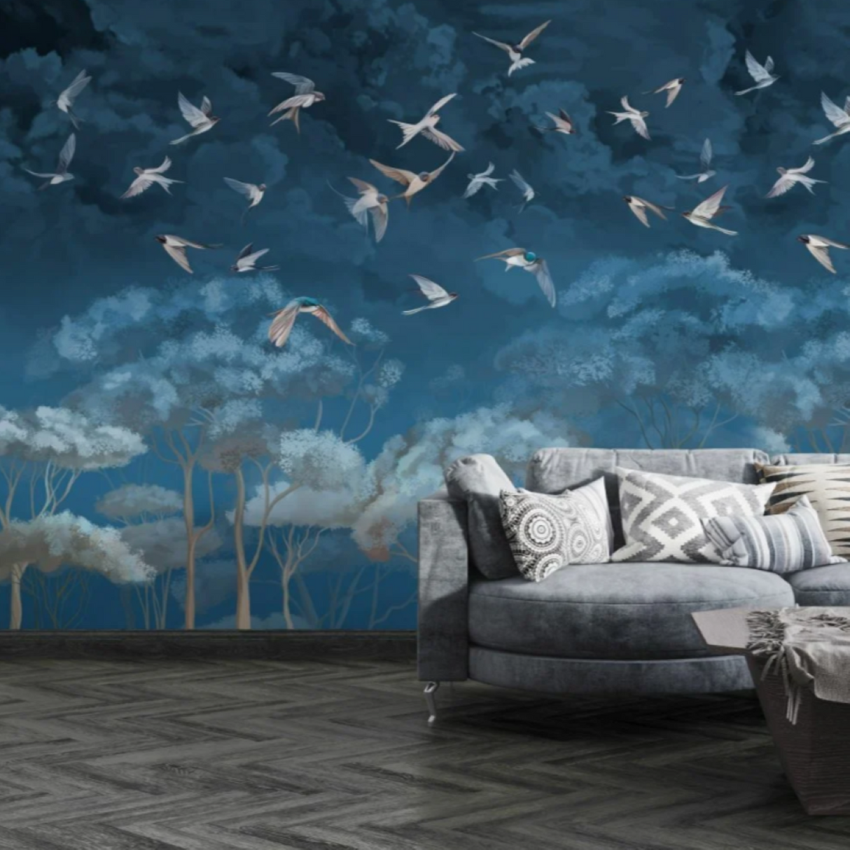 Papel pintado personalizado de golondrinas y aves marinas: mural artístico de cielo para interiores elegantes