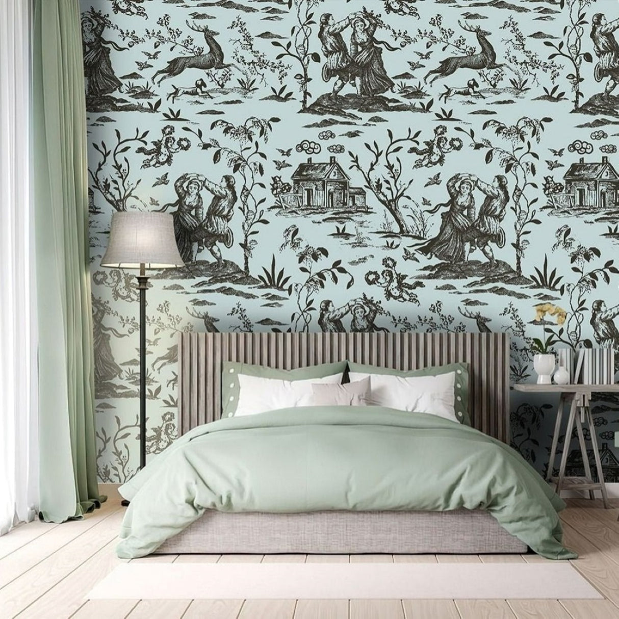 Vintage Mint & Charcoal Toile Wallpaper – Artistic Pastoral Design for Elegant Interiors