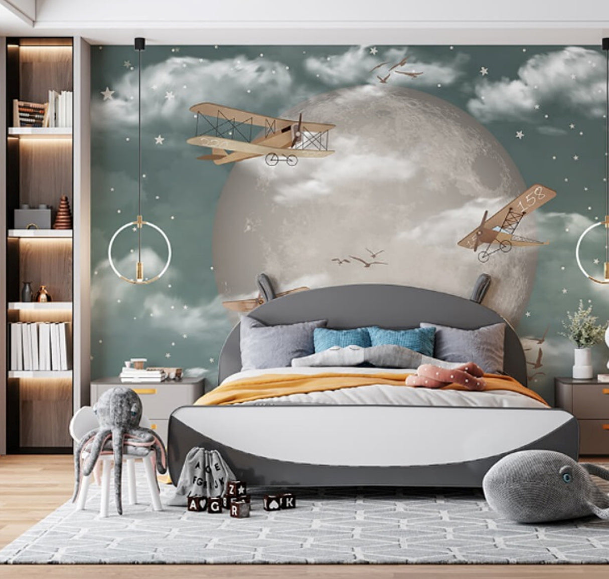 Gliders Around the Moon Wallpaper – Playful Aerospace-Inspired Wall Décor