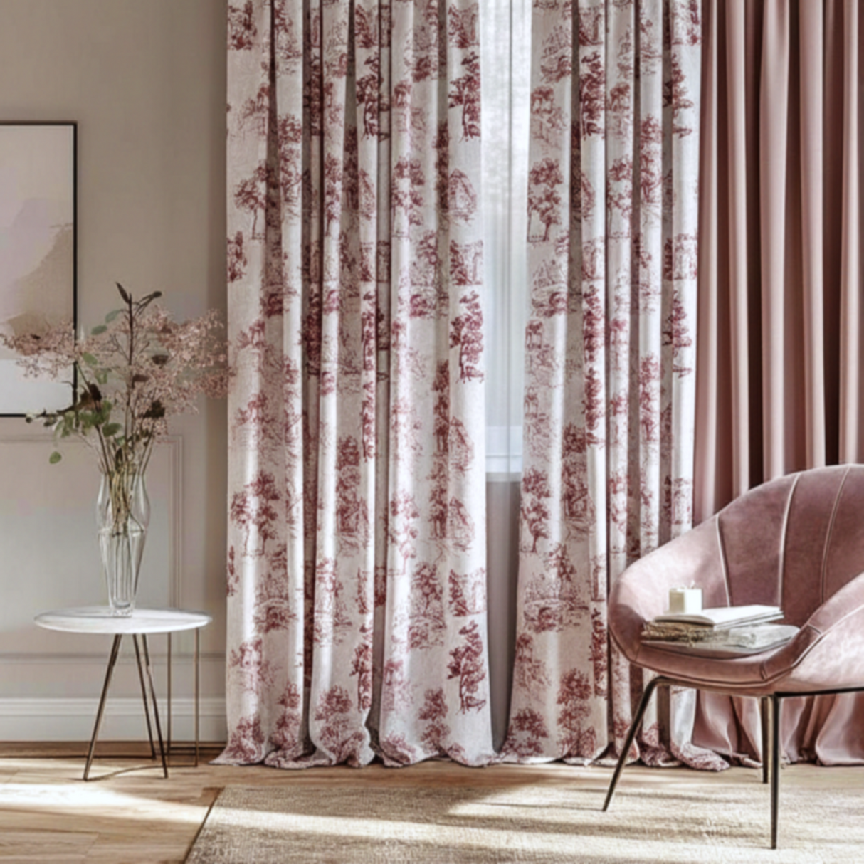 Elro – Pastoral Scenic Drapery Curtain With Deep Berry Motif & Bordeaux Piping – For Classic, Country & Vintage Interiors