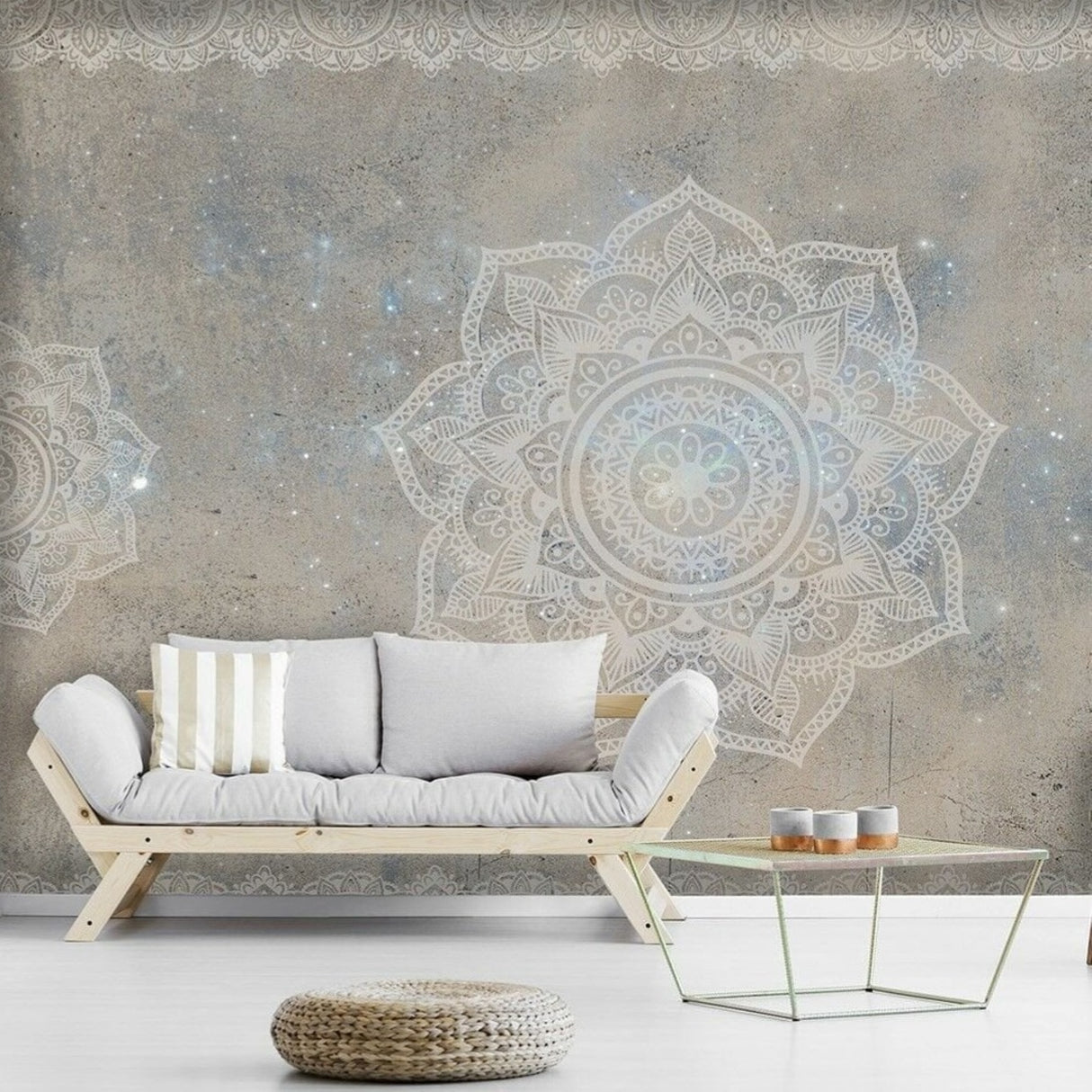 Papel pintado de mandala con fondo de hormigón y efecto estrella: elegante decoración geométrica contemporánea para paredes.