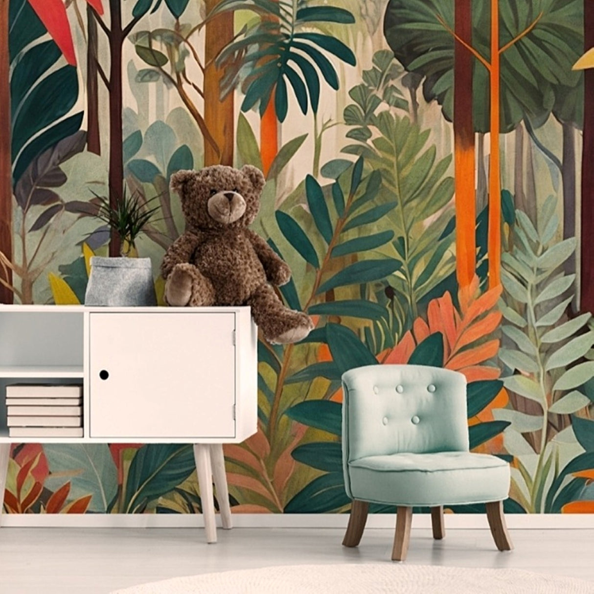 Tropical Canopy Mural Wallpaper – Vibrant Jungle Wall Art in Emerald & Coral Tones