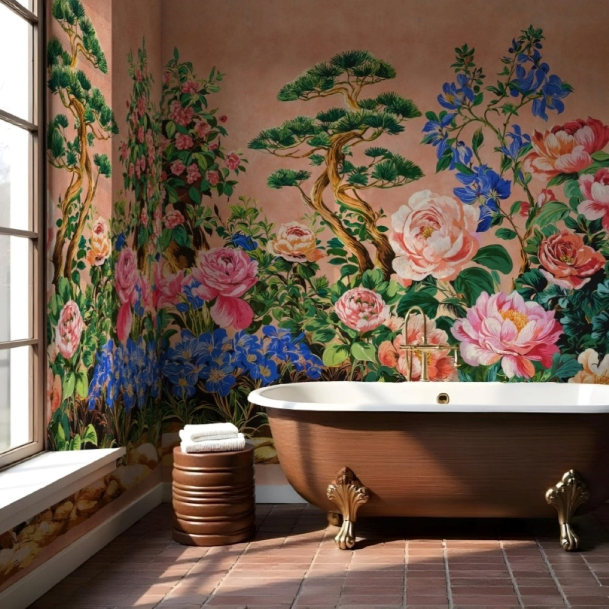 Botanical Symphony Wallpaper – Coral & Sapphire Edition – Available In Printed And Embossed Versions For Artistic Interiors