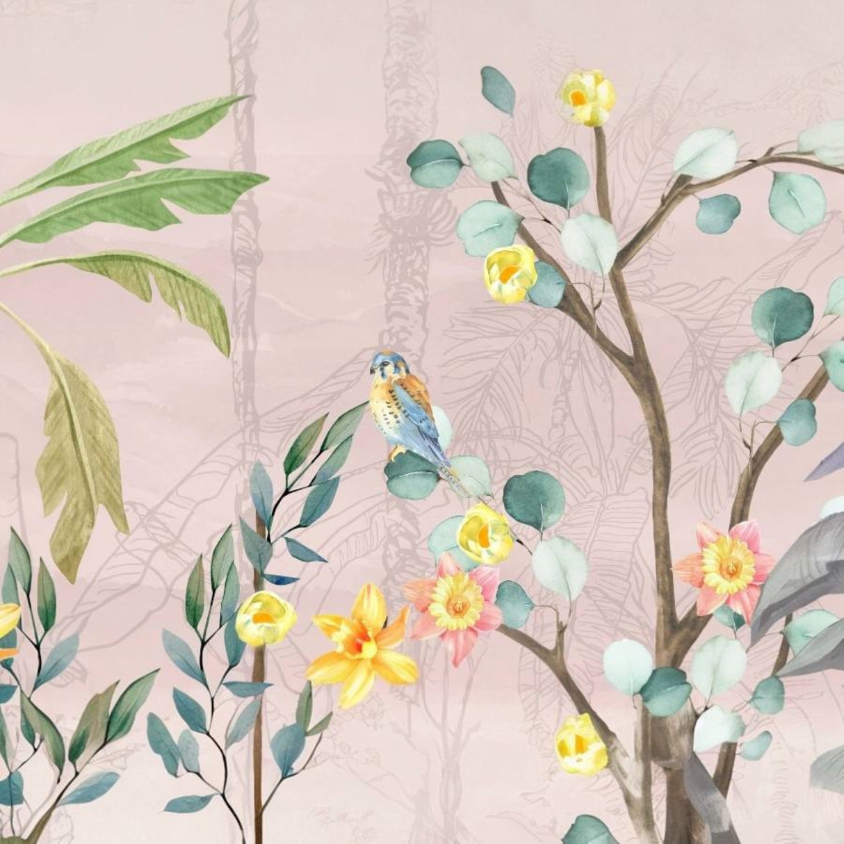 Pink Cotton Flowers & Tropical Trees Wallpaper, Pink Background - Soft Pastel Nature-Inspired Wall Décor