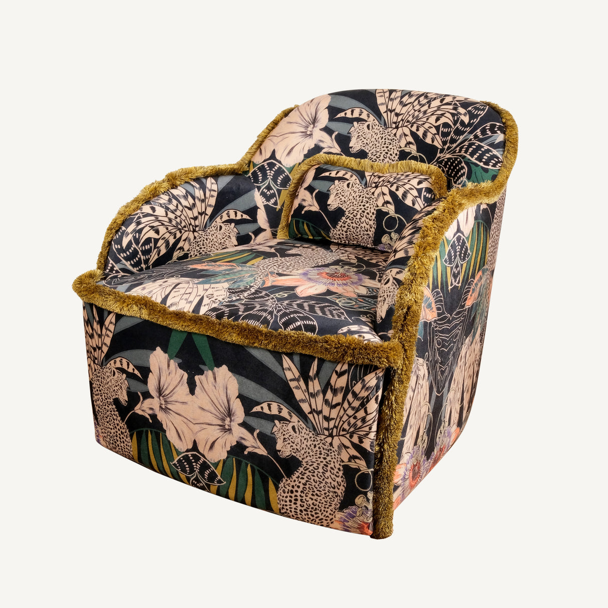 Whispering Tiger Armchair – Wooden Armchair with Polyester Velvet Fabric, Exotic Pattern