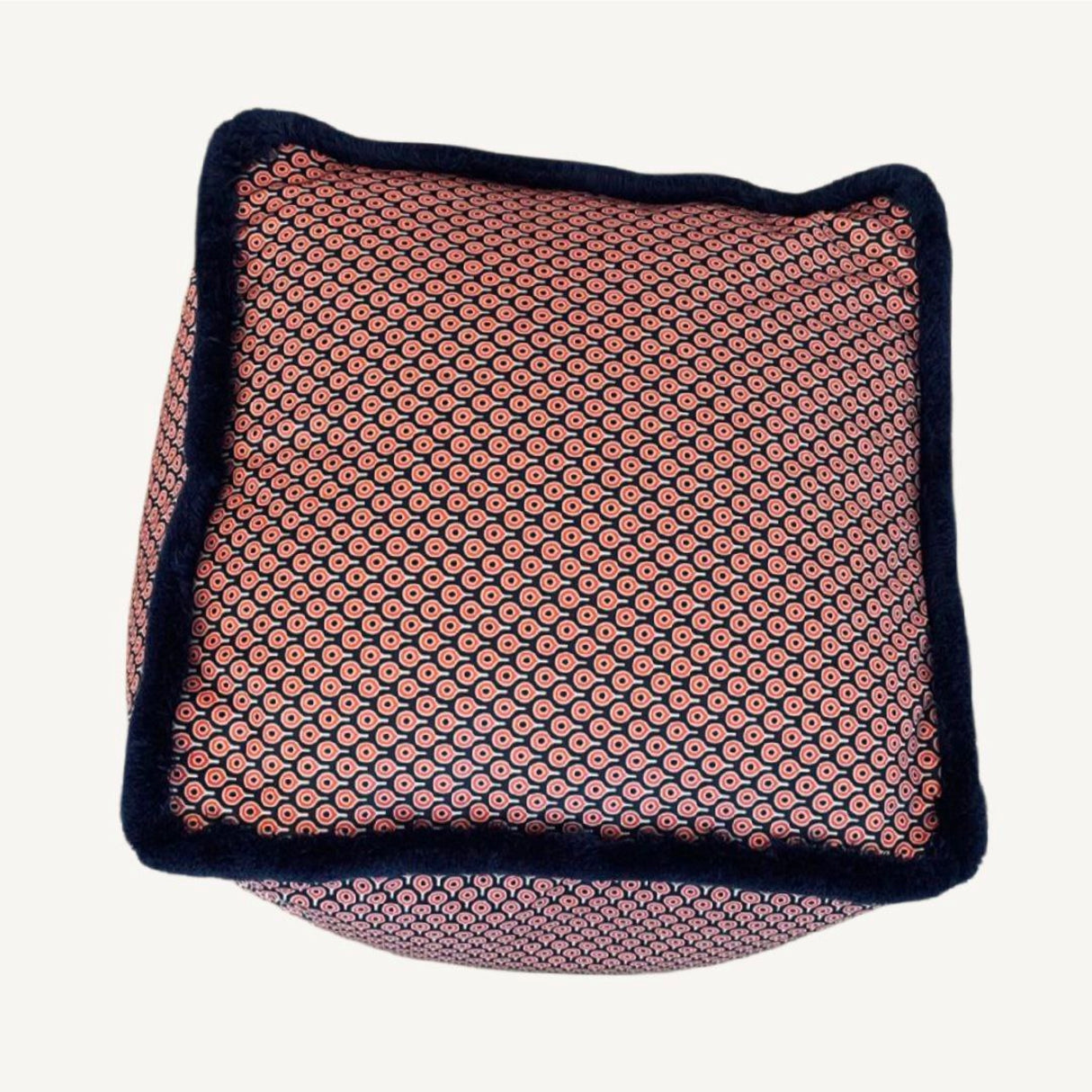 Omna Red Pouf – Handmade Ottoman Seat with Velvet Polyester Fabric Geometric Pattern