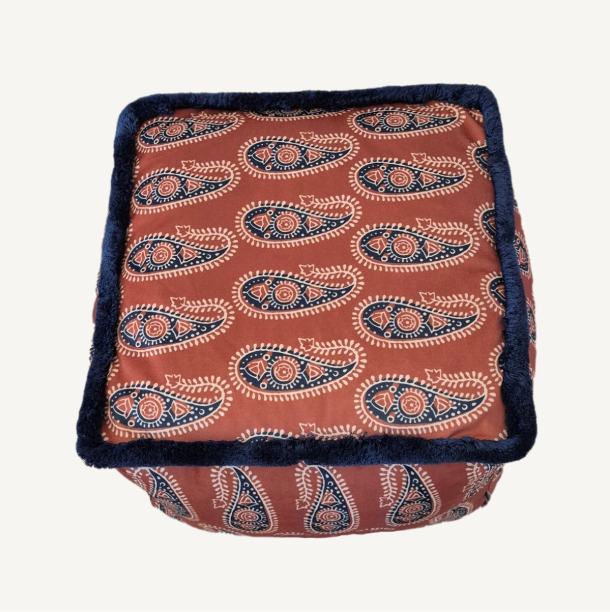 Braxely Red Pouf – Handmade Ottoman Seat with Polyester Velvet Fabric, Paisley Pattern