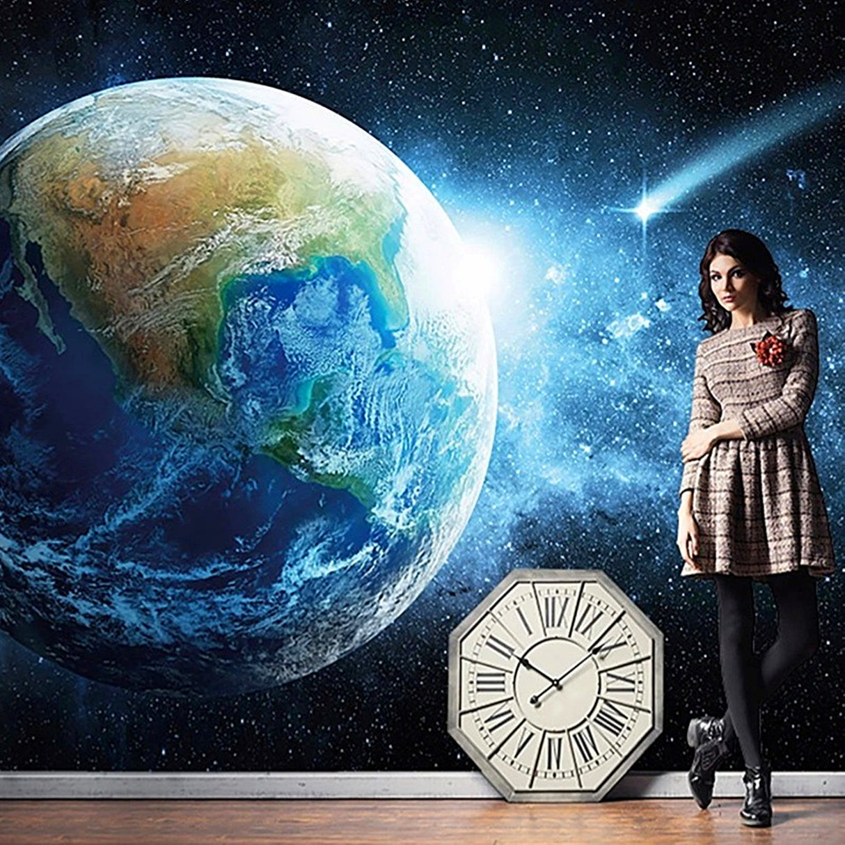 Papel tapiz de la Tierra y la estrella Sirio: vista del espacio profundo, decoración de pared inspirada en galaxias