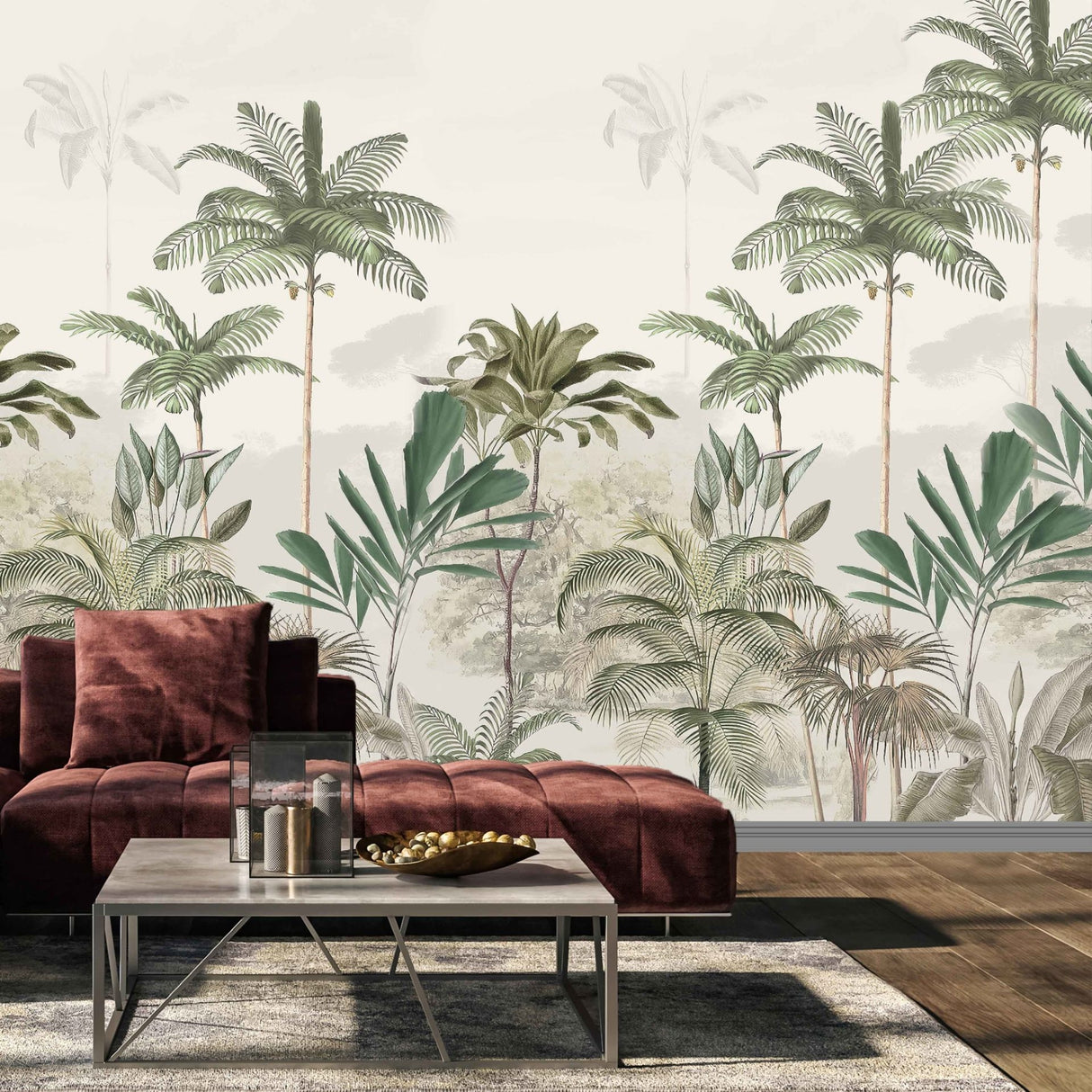 Papel pintado de palmeras tropicales suaves: mural artístico de naturaleza para interiores contemporáneos