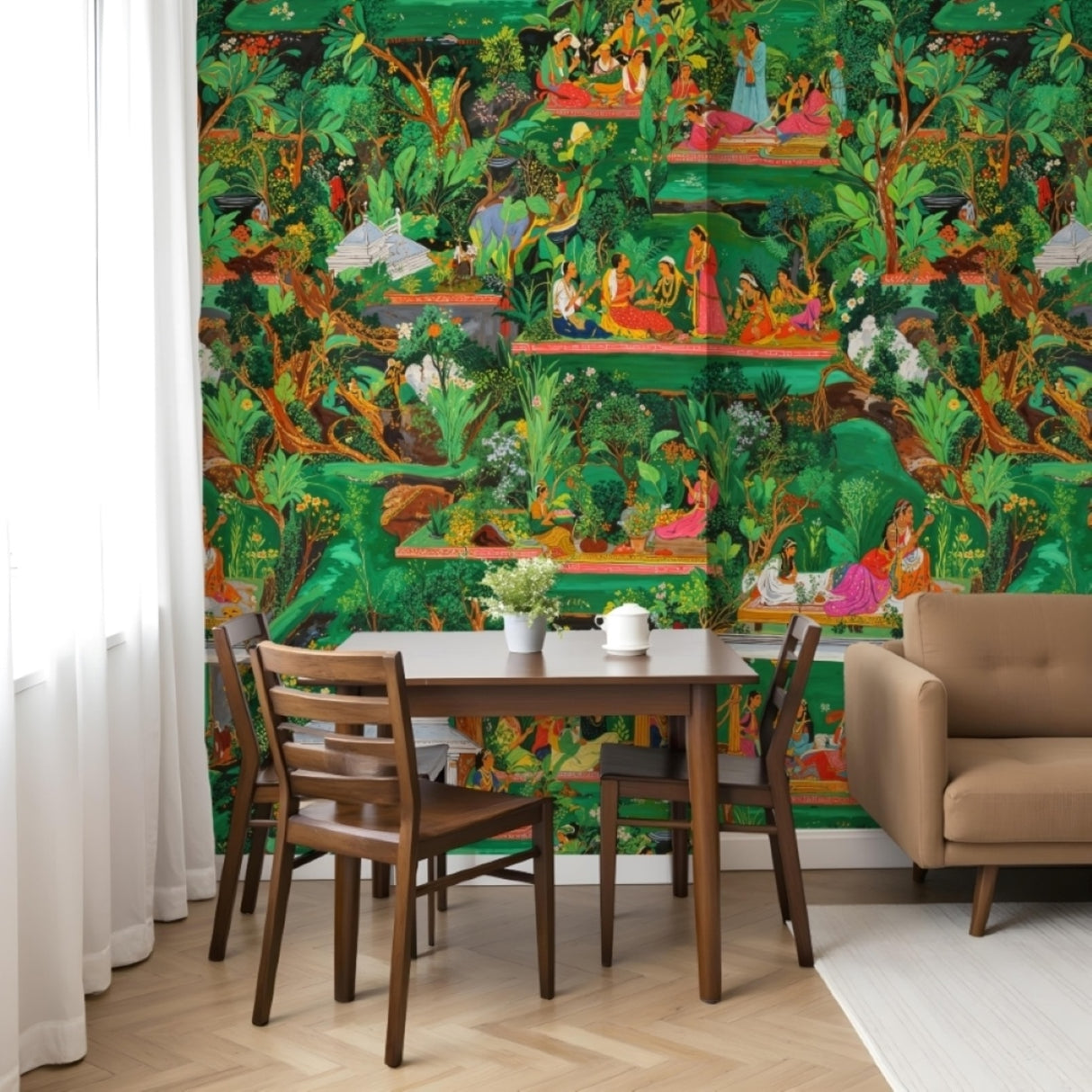 Papel pintado Verdant Court – Edición Jardín de Jaipur – Disponible en versiones impresas y en relieve para interiores eclécticos