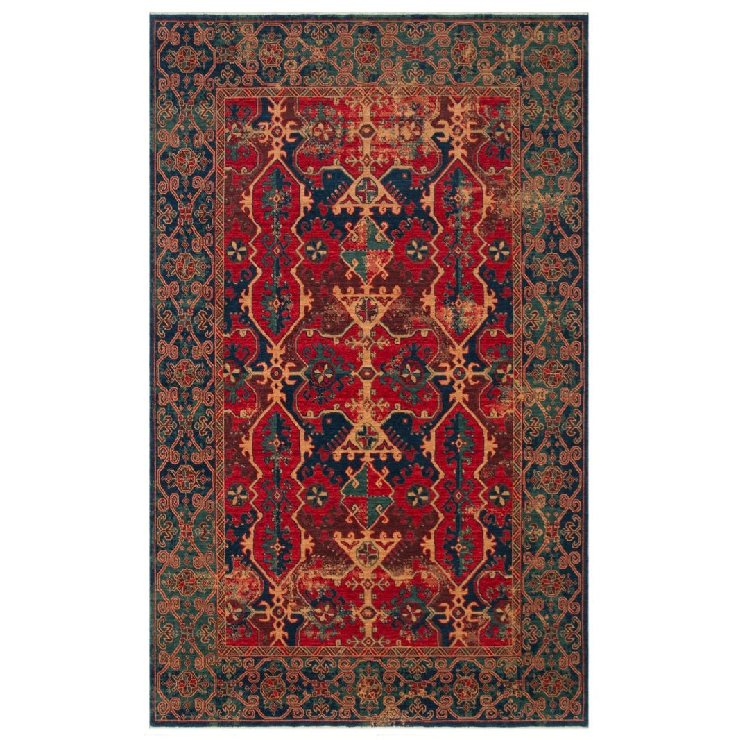 KADIM KDM 01 Navy Red - Anatolian Motif Artisan New Zealand Wool Rug | Hand-Loomed, Non-Shedding & Easy-Clean