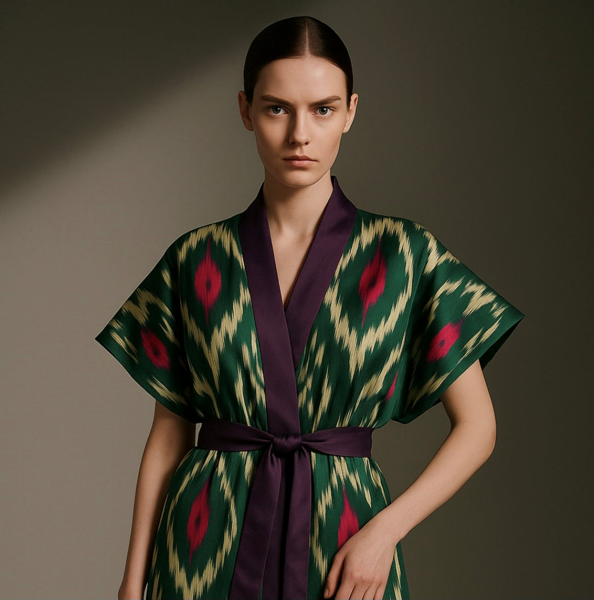 Kimono Azelle: Kimono reversible de seda y algodón ikat tejido a mano con detalles en violeta intenso y reverso tropical para un lujo bohemio moderno.