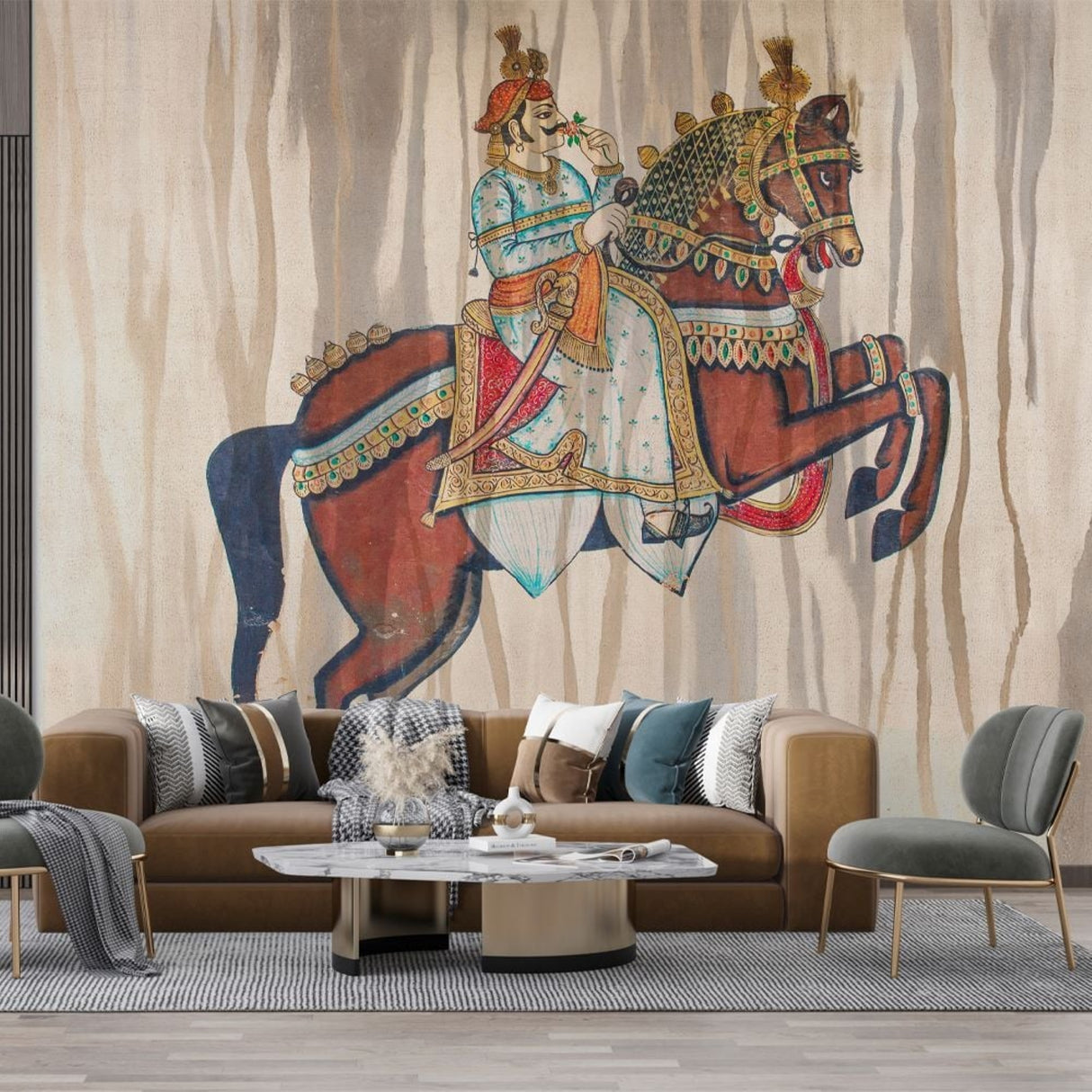 Bohemian Decorated Horse Wallpaper – Ethnic Artistic Wall Mural for Sophisticated Interiors