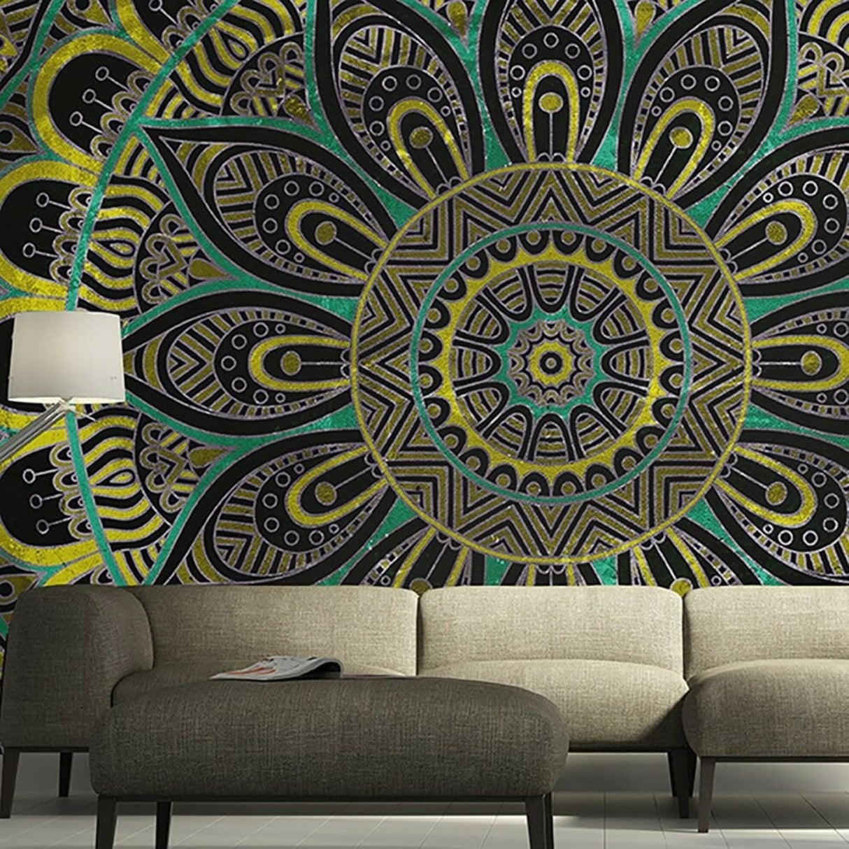 Papel pintado de mandala de Estambul amarillo: elegante decoración geométrica contemporánea para paredes