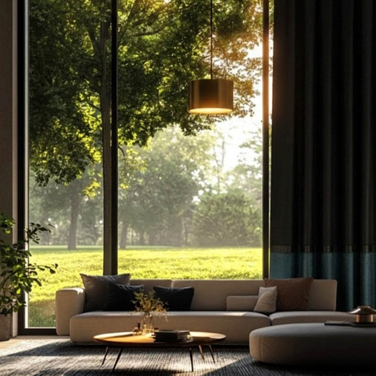 Theo – Cortina de terciopelo negro y verde petróleo con detalle de borde lineal – Para interiores modernos y lujosos