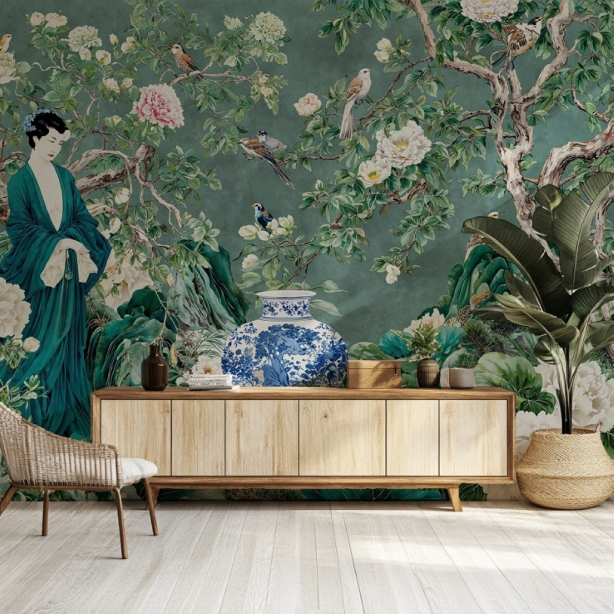 Celadon Garden Wallpaper – Jade & Porcelain Edition – Available In Printed And Embossed Versions For Refined Interiors