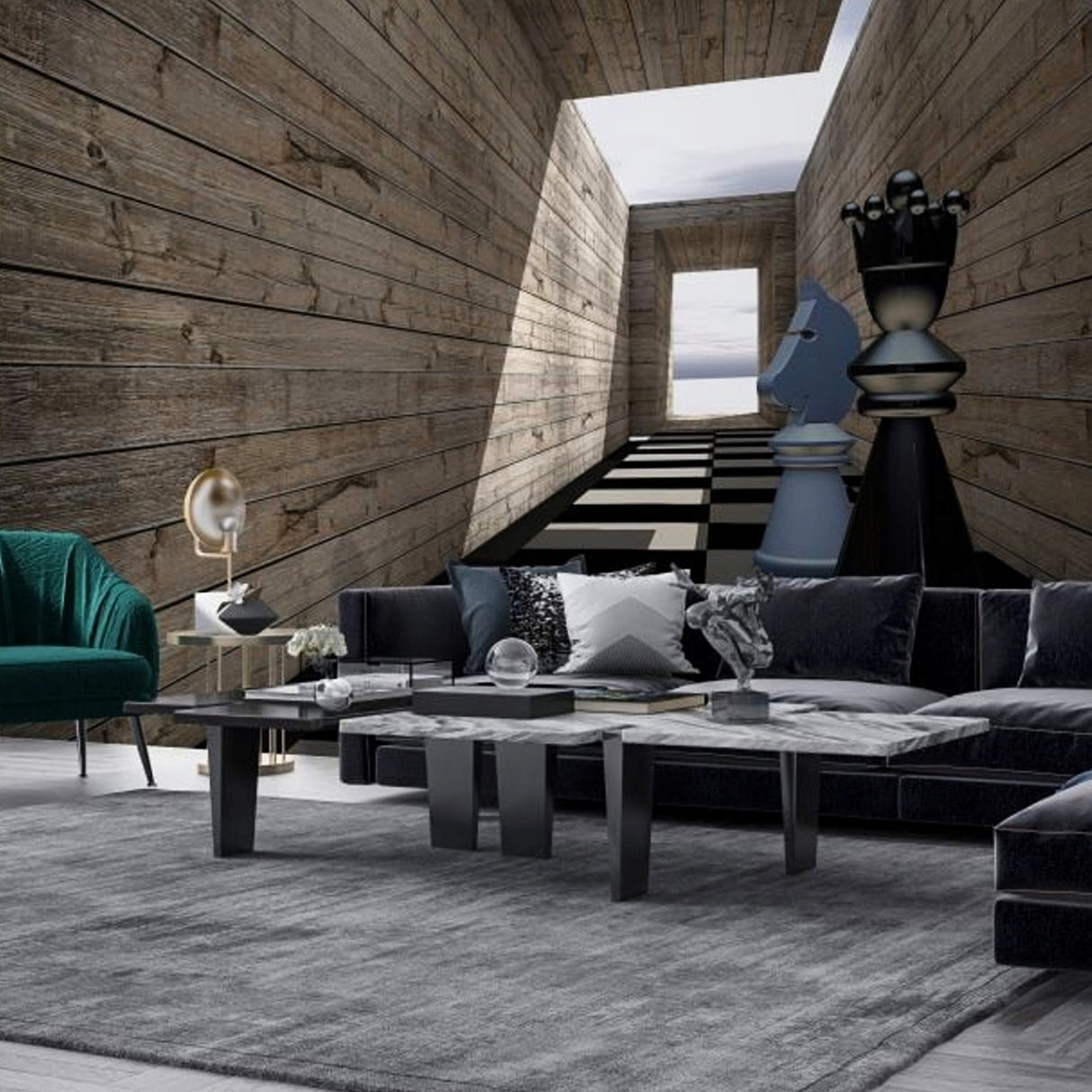 Grandmaster’s Corridor Wallpaper – Surreal 3D Chess Perspective with Industrial Timber Planks