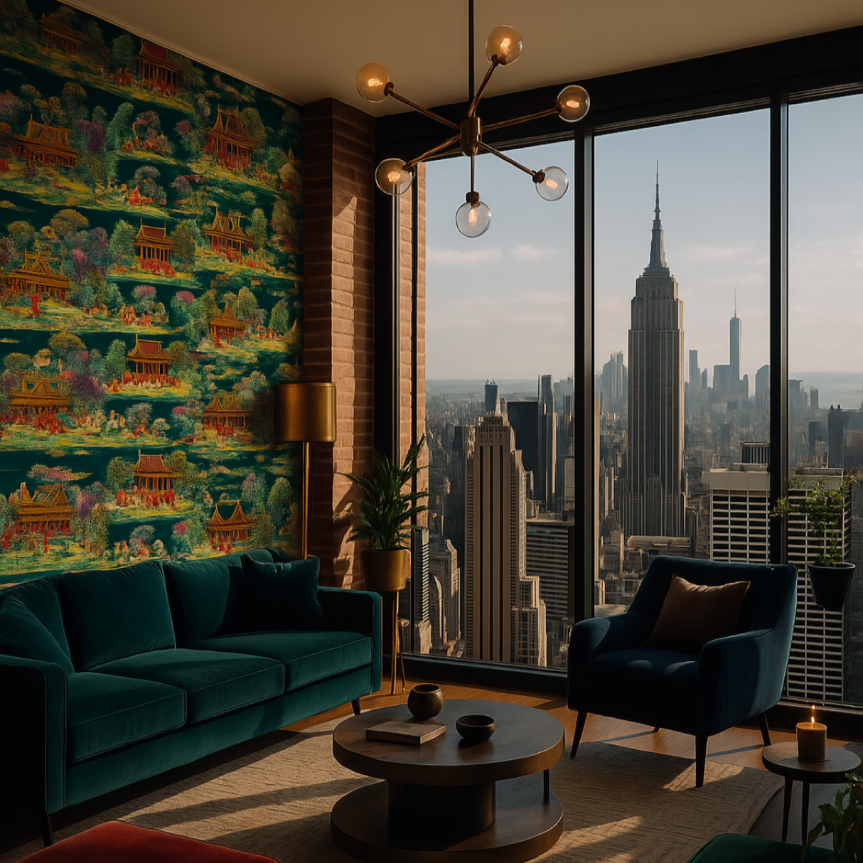 Emerald Pagoda Wallpaper – Oriental Garden Edition – Available in Printed and Embossed Versions for Eclectic Interiors