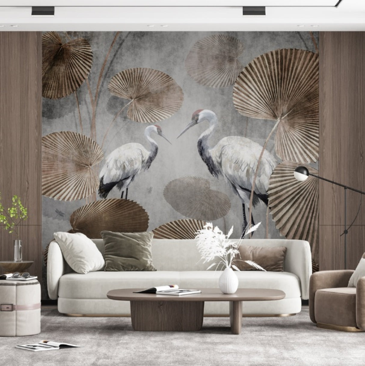 Cranes & Lotus Leaves Wallpaper - Available in Printed and Embossed Versions for Elegant Interiors