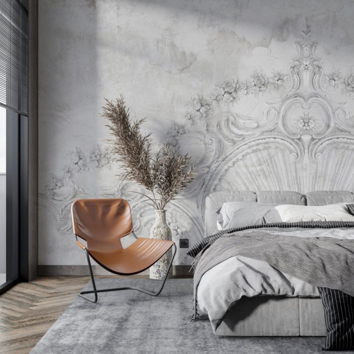 Greige Baroque Reverie Wallpaper, Featured In The Series: "Love For Rent" - Available in Printed and Embossed Versions for Glamorous Interiors