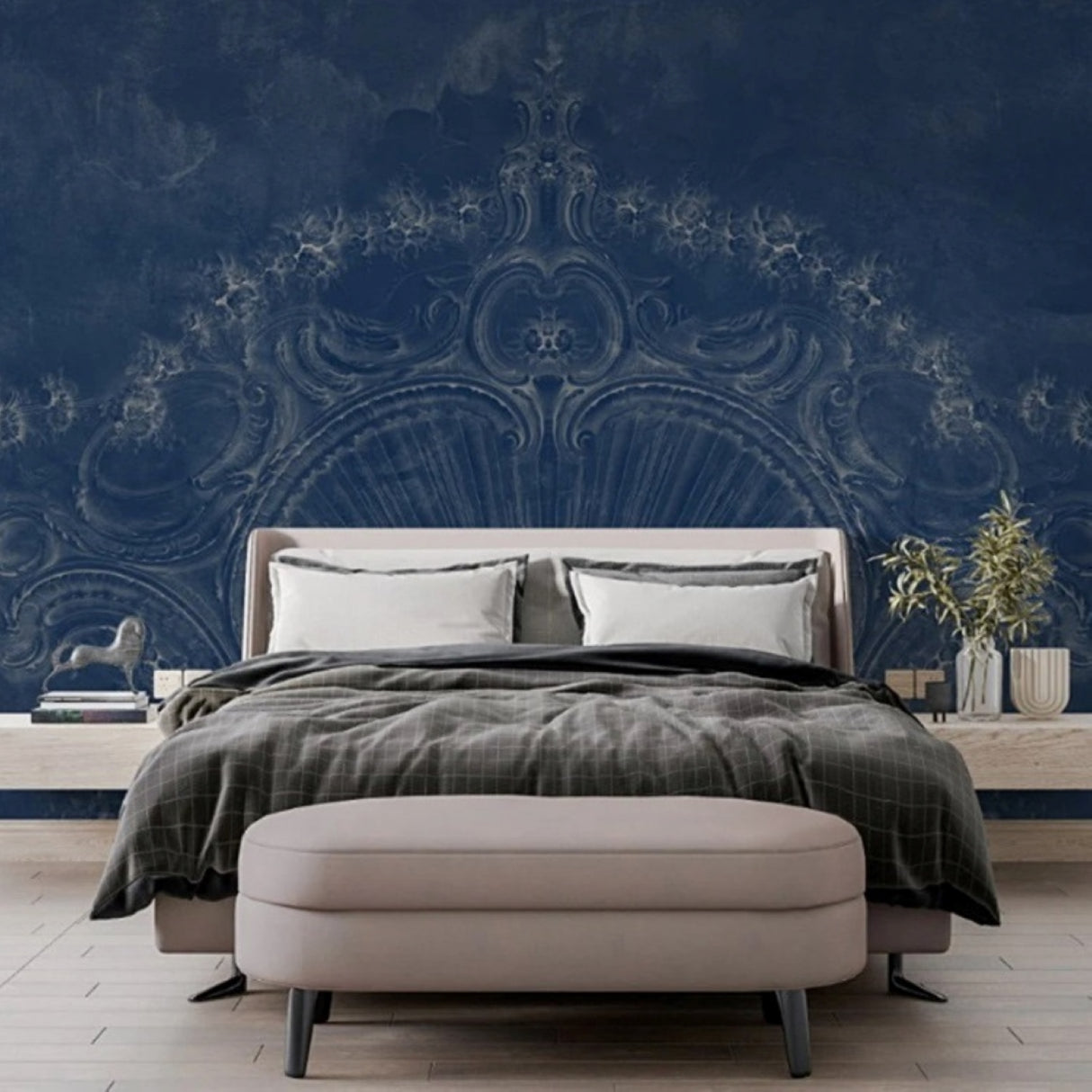 Navy Baroque Reverie Wallpaper - Available in Printed and Embossed Versions for Glamorous Interiors