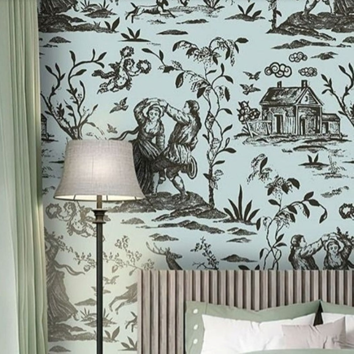 Vintage Mint & Charcoal Toile Wallpaper – Artistic Pastoral Design for Elegant Interiors