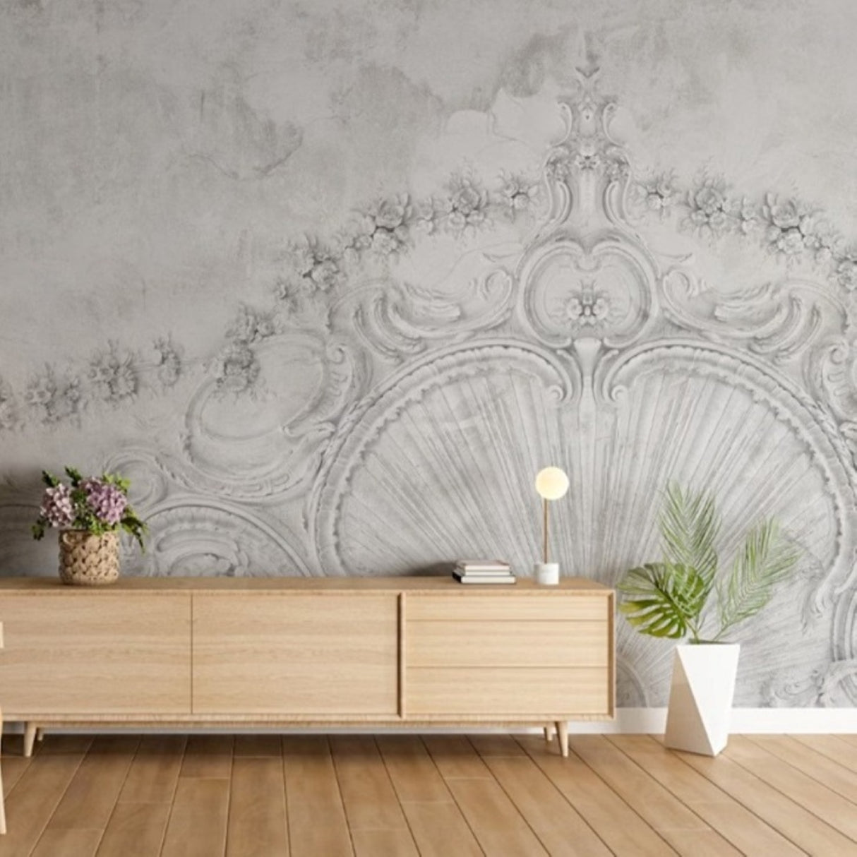 Greige Baroque Reverie Wallpaper, Featured In The Series: "Love For Rent" - Available in Printed and Embossed Versions for Glamorous Interiors