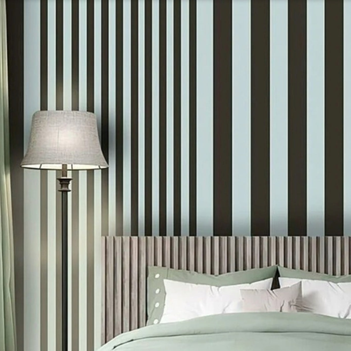 Mint & Charcoal Stripes Wallpaper – Modern Linear Design for Elegant Interiors