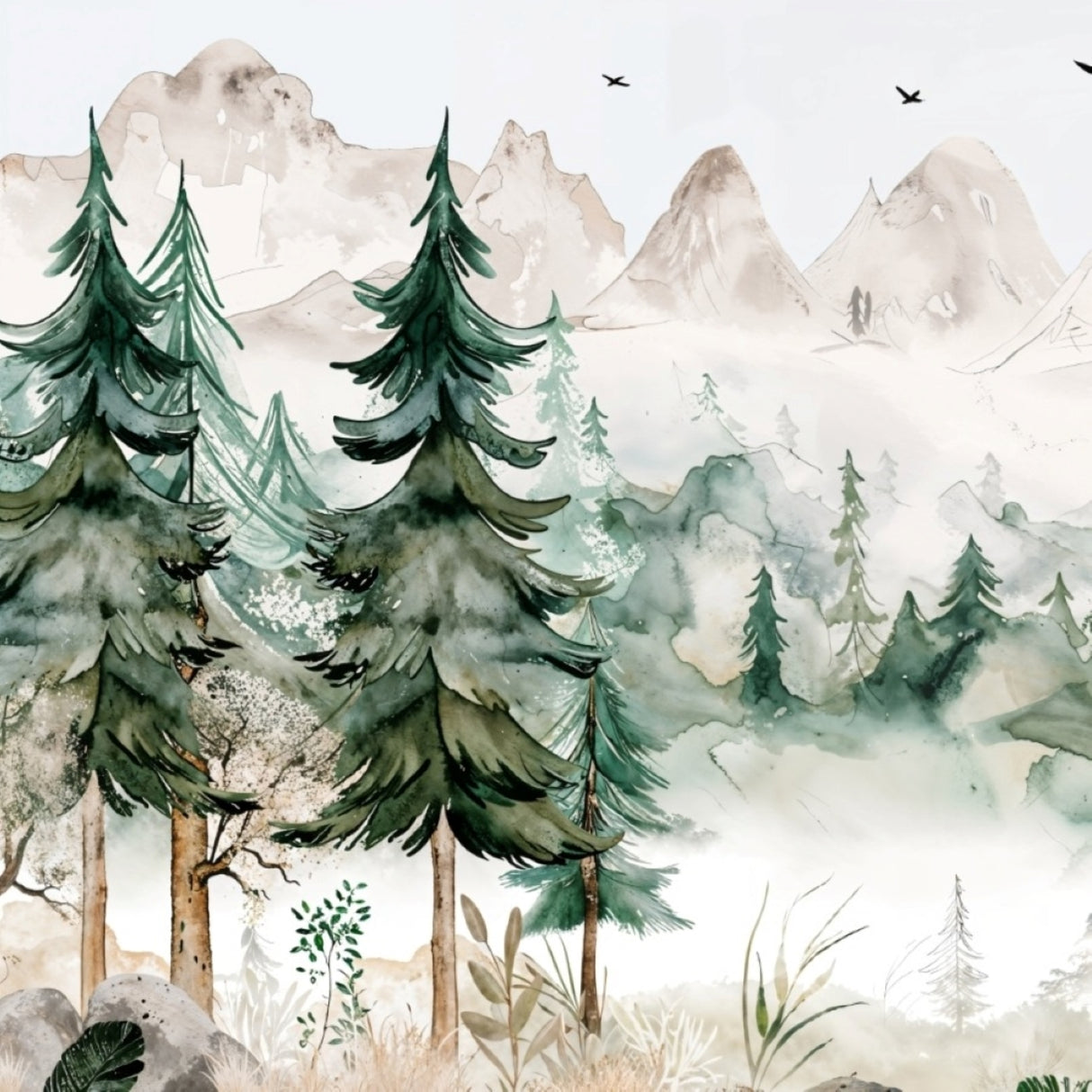 Misty Mountain Forest Wallpaper – Watercolor Wilderness for Serene Interiors