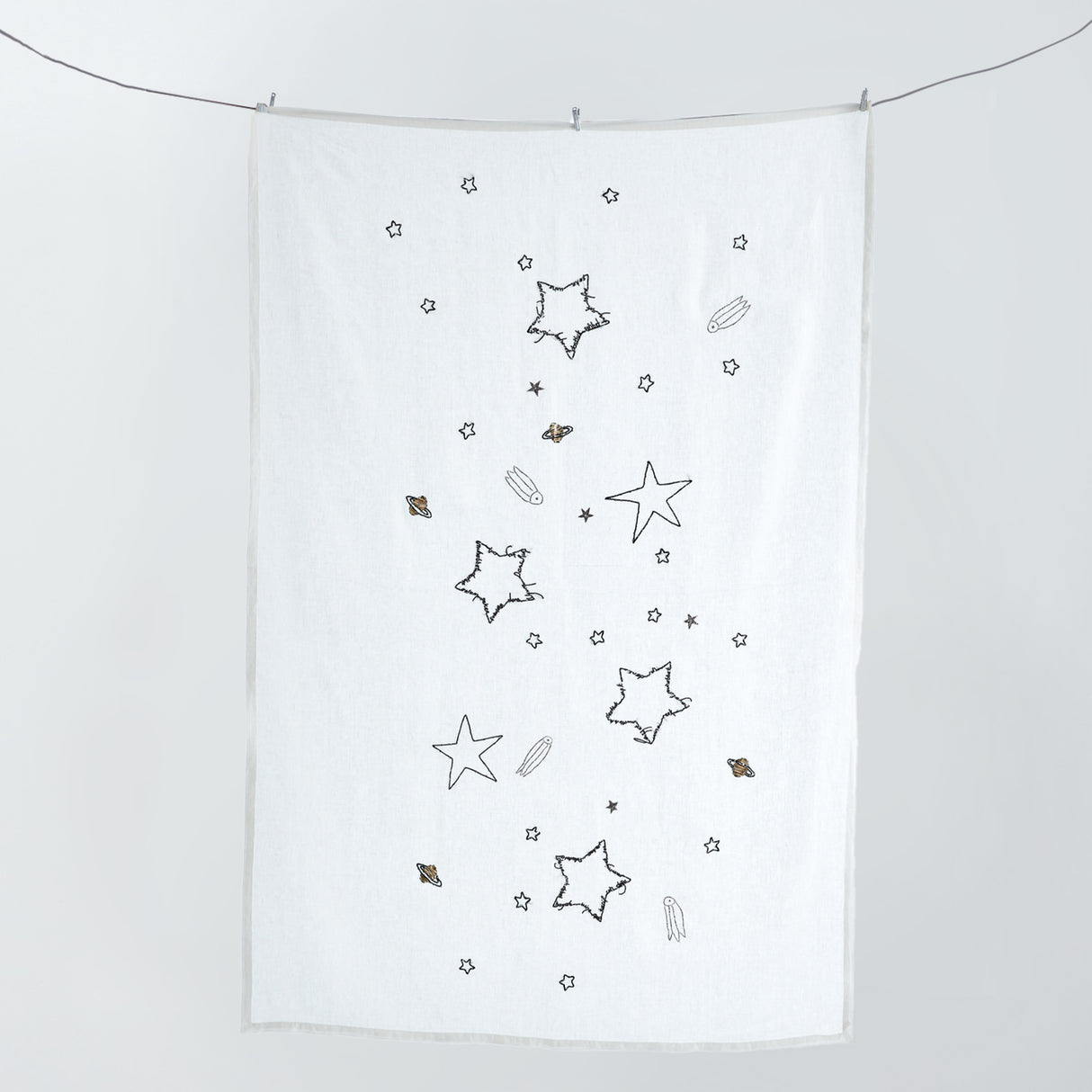 Cosmos & The Stars Hand-Printed & Embroidered White Linen Tablecloth – Artistic Elegance for Sophisticated Dining