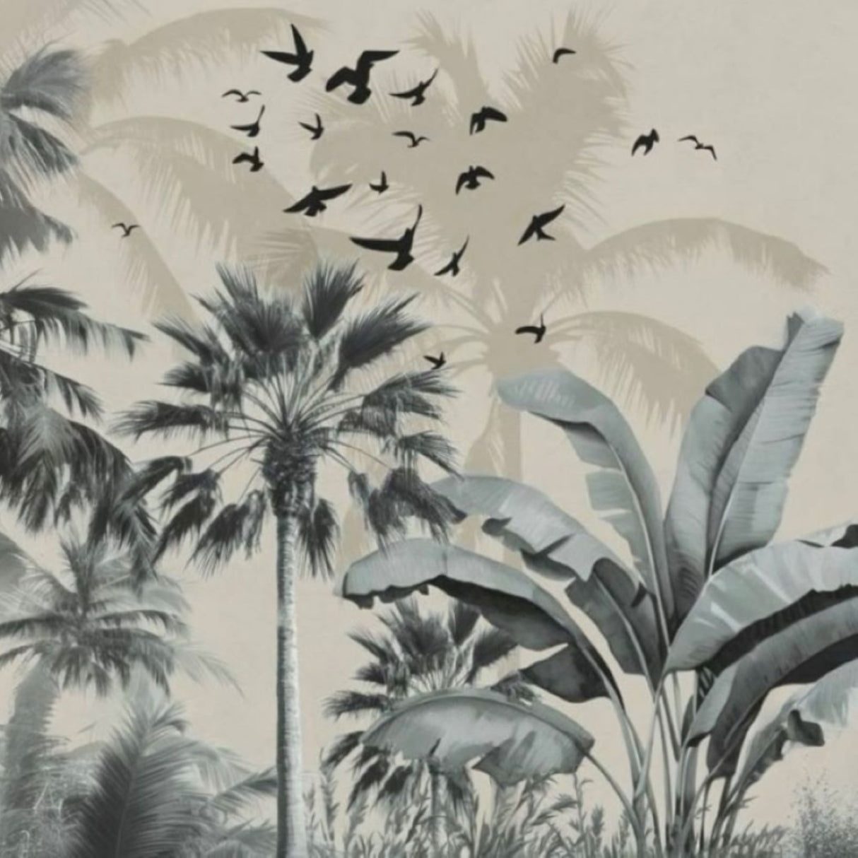 Tropical Trees With Gray Shadows Wallpaper — Artistic Nature Mural For Contemporary Interiors