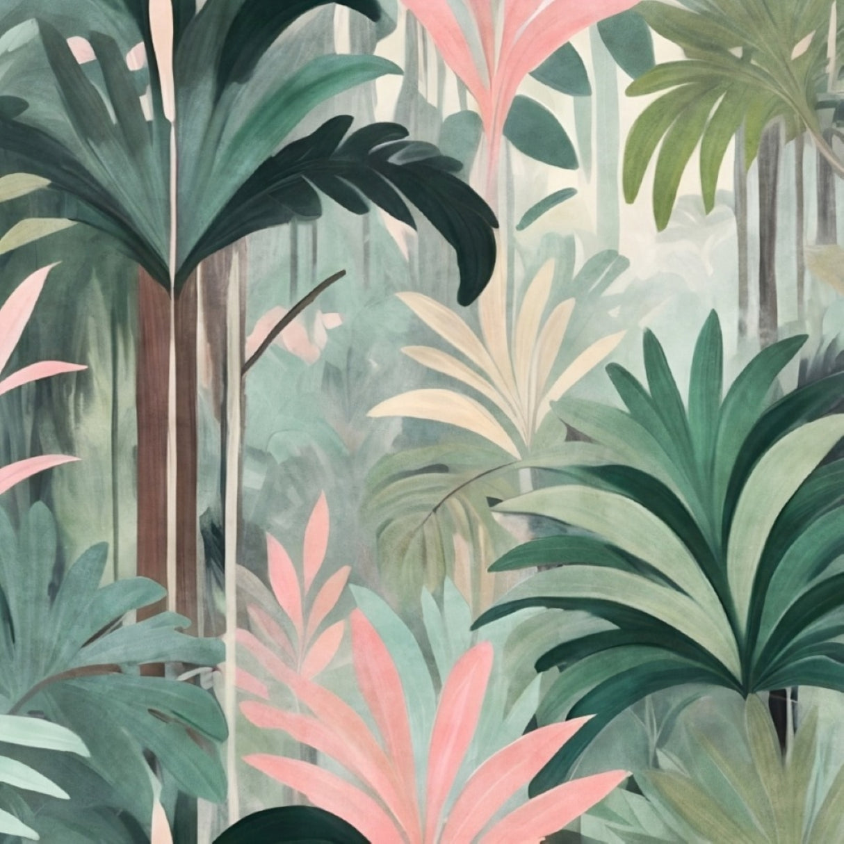 Tropical Mist Mural Wallpaper – Soft Botanical Wall Art in Sage & Blush Tones