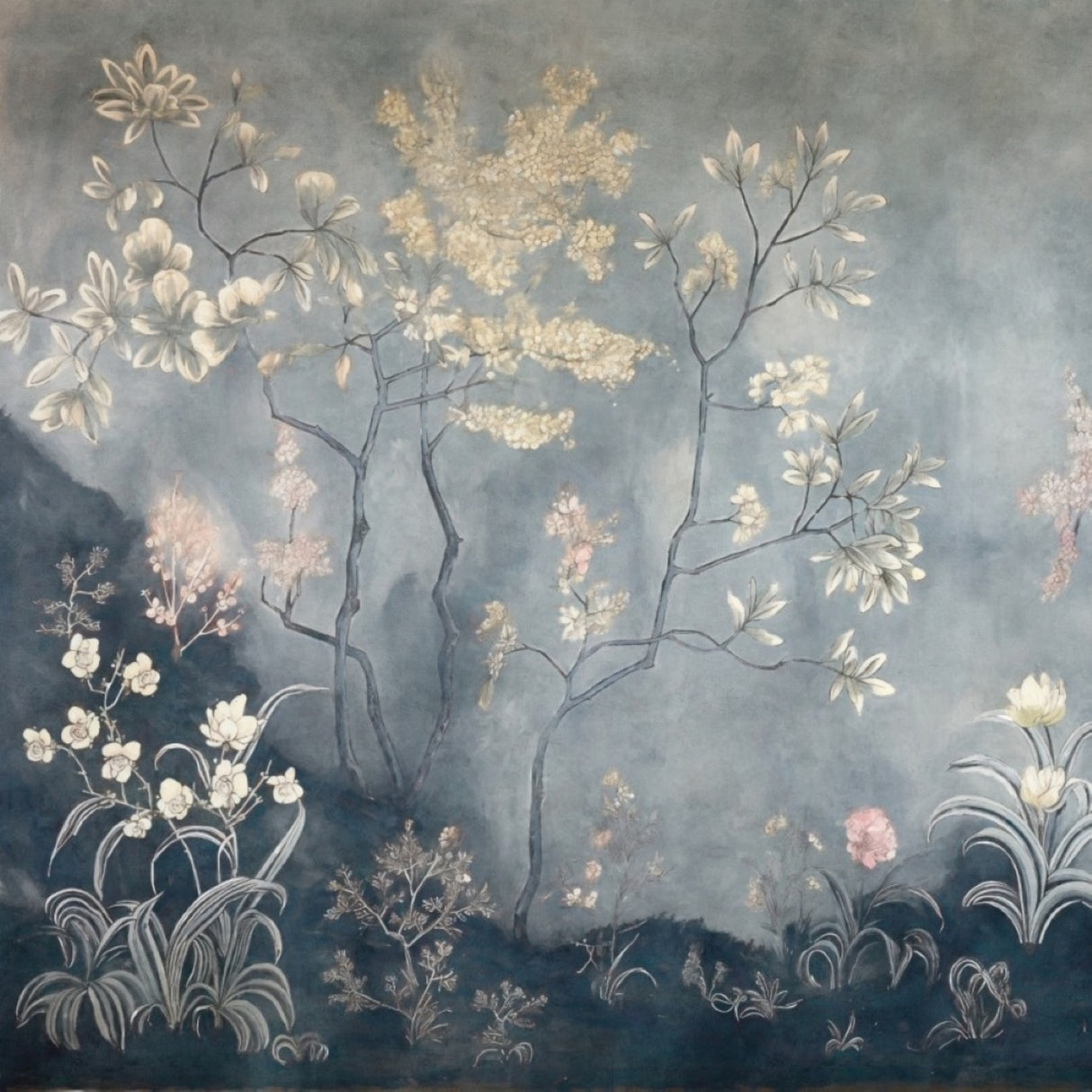 Mural de pared Jardín Celestial: Arte floral chinoiserie pintado a mano para interiores elegantes
