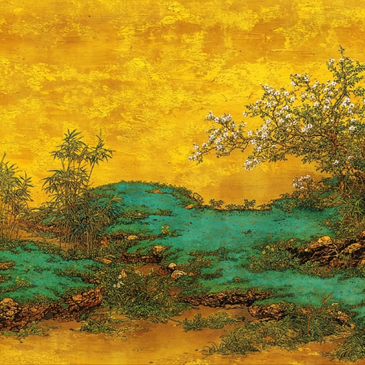 Golden Meadow Mural Wallpaper – Hand-Painted Landscape for Refined Interiors