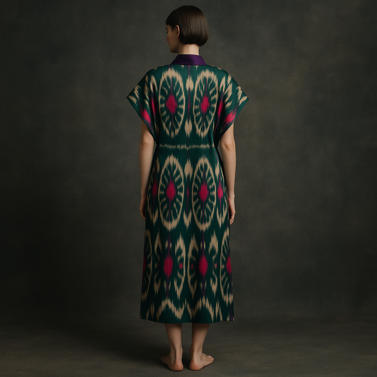 Kimono Azelle: Kimono reversible de seda y algodón ikat tejido a mano con detalles en violeta intenso y reverso tropical para un lujo bohemio moderno.