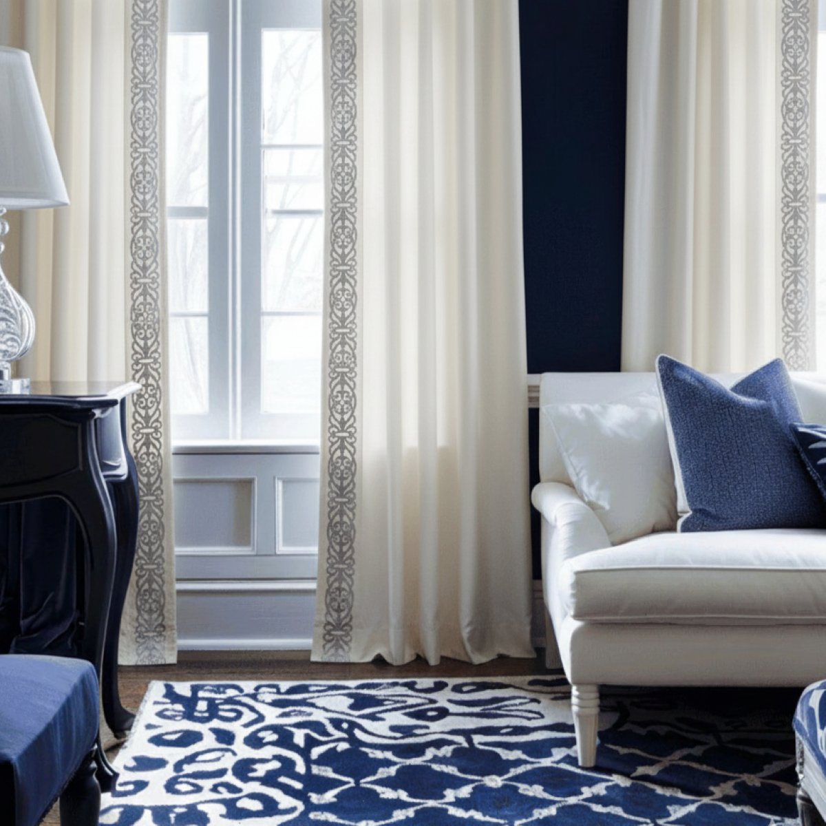 Rada – White Drapery Curtain With Luxury Silver Faux-Leather Border – For Modern & Refined Interiors