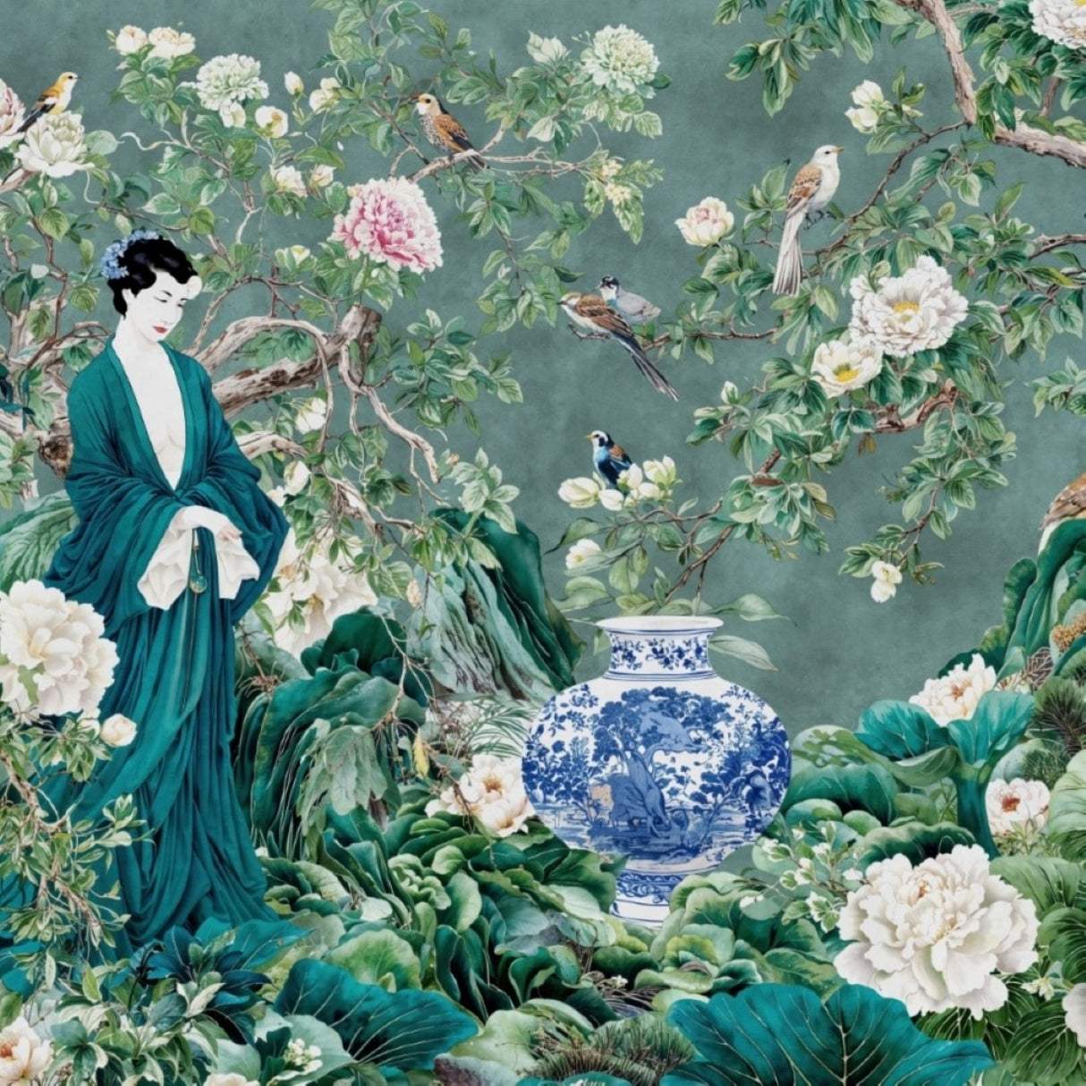 Celadon Garden Wallpaper – Jade & Porcelain Edition – Available In Printed And Embossed Versions For Refined Interiors