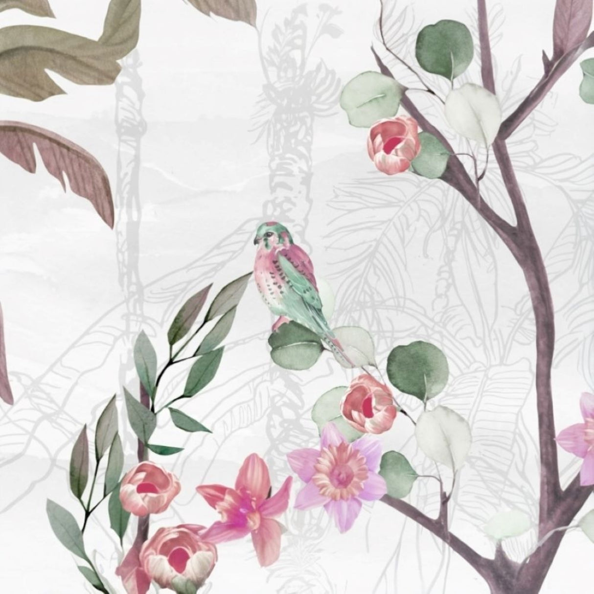 Pink Cotton Flowers & Tropical Trees Wallpaper , Gray Background- Soft Pastel Nature-Inspired Wall Décor