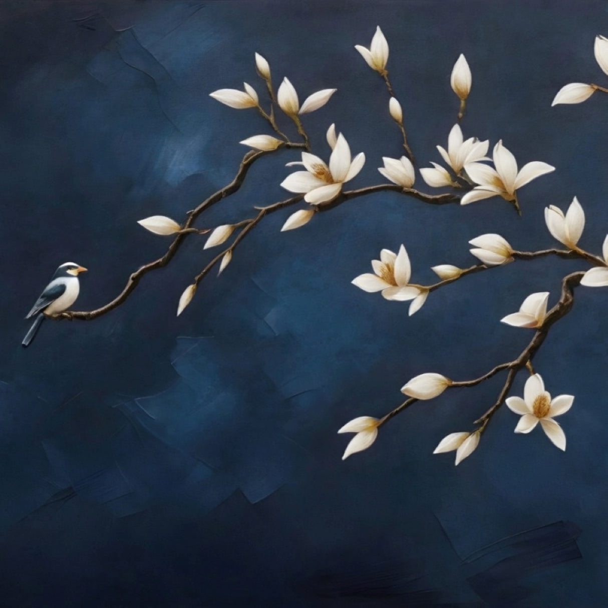 Midnight Magnolia Wallpaper – Elegant Floral Mural with Bird Motif for Serene Interiors
