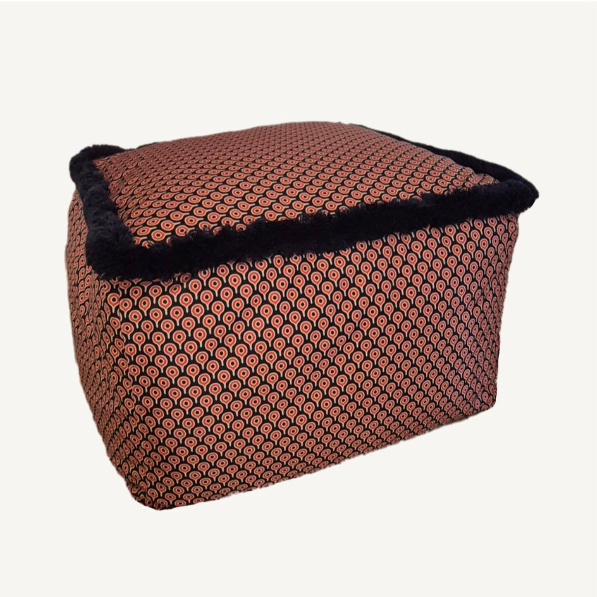 Omna Red Pouf – Handmade Ottoman Seat with Velvet Polyester Fabric Geometric Pattern