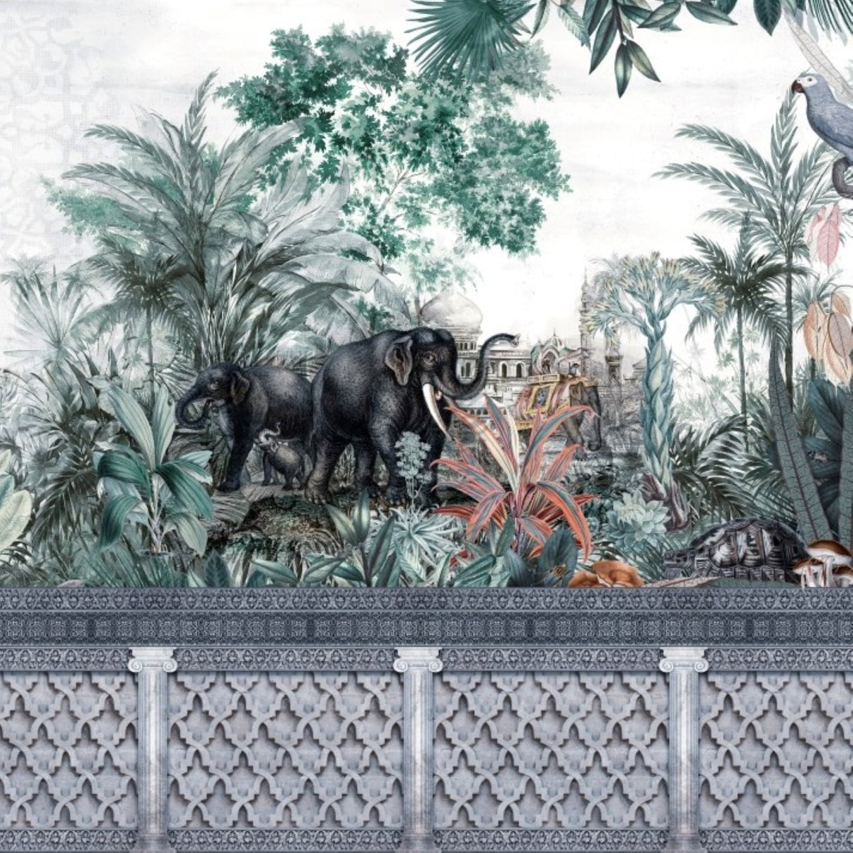 Exotic Jungle & Elephants Wallpaper – Botanical Heritage Mural For Elegant Interiors – Turquoise Effect