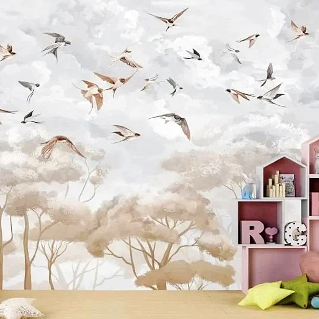 White Clouds & Swallows In The Sky Wallpaper – Soft Pastel Nature-Inspired Wall Décor