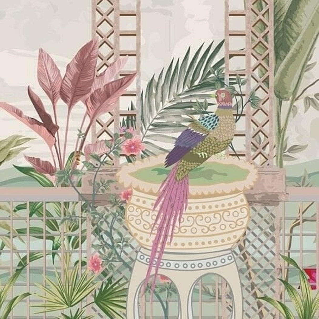 Papel pintado Aviary Garden: disponible en versiones impresas y en relieve para interiores elegantes.