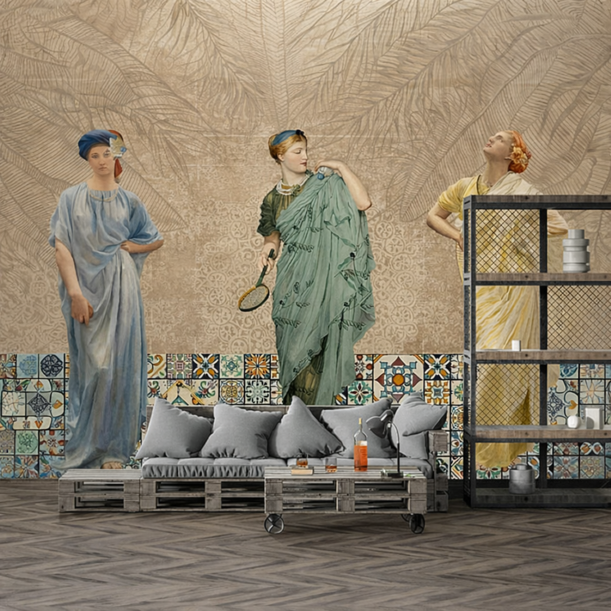 Papel pintado "Damas antiguas con detalles de mosaico", edición beige arena - Mural de arte clásico vintage
