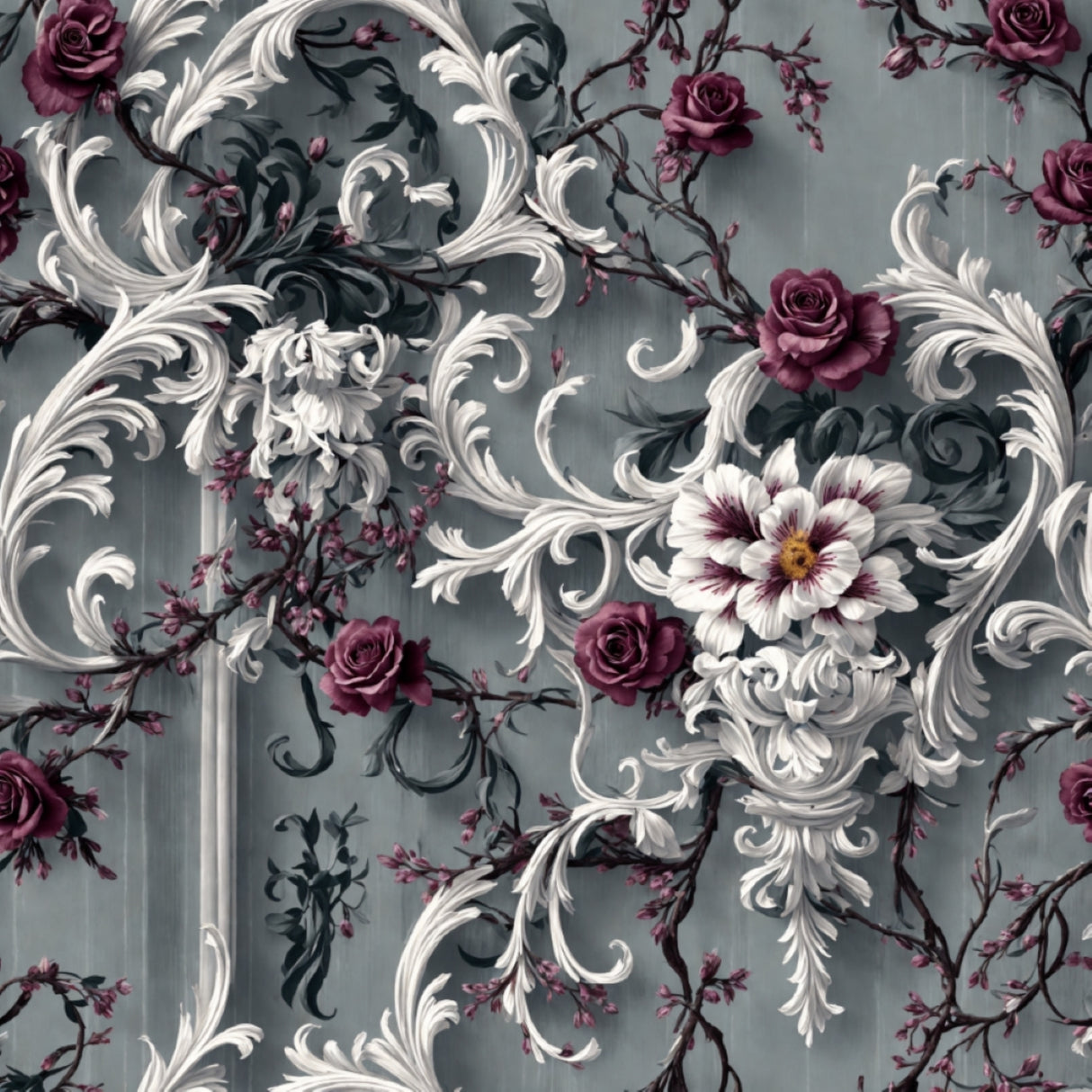 Baroque Bloom Wallpaper – Sculpted Elegance – Available in Printed and Embossed Versions for Heritage Interiors